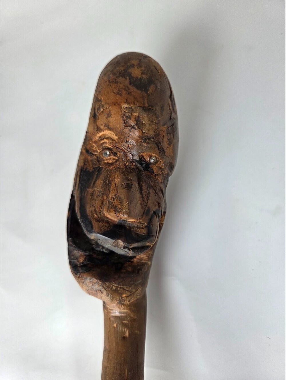 Vintage Hand Carved Shillelagh Walking Stick w/ Face Sculpture Natural Wood Cane